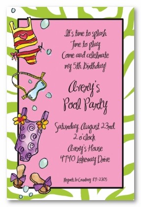 Zebra Stripes and Bathing Suits Pool Personalized Party Invitations