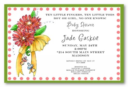 Gerbera Corsage with Pacifiers Personalized Baby Shower Invitations