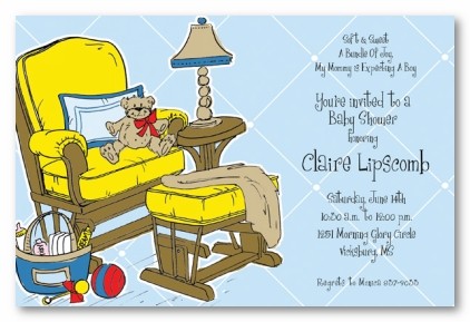 Blue Rocking Chair with Teddy Bear Personalized Party Invitations