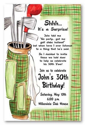 Green Golf Bag and Golf Clubs Personalized Party Invitations