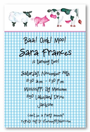 Farm Animals with Gingham Personalized Party Invitations