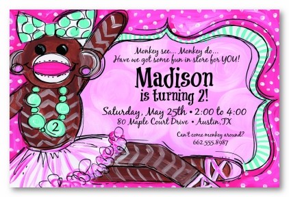 Girl Sock Monkey Personalized Party Invitations