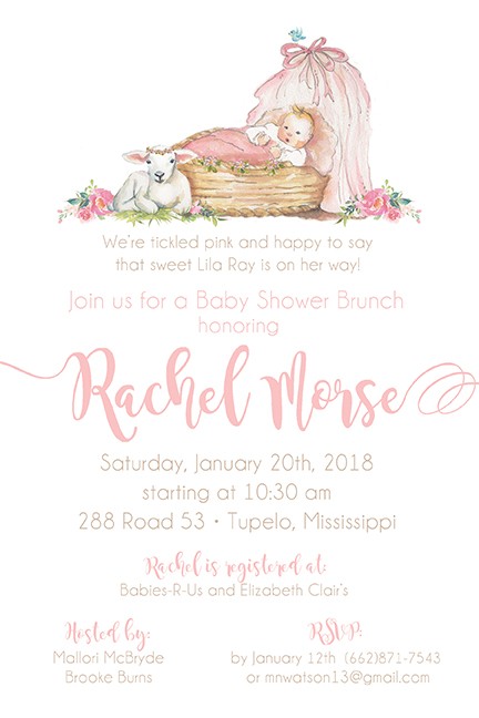 Pink Baby Girl Bassinet Personalized Party Invitations