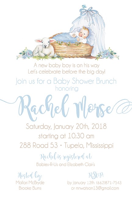 Blue Baby Boy Bassinet Personalized Party Invitations