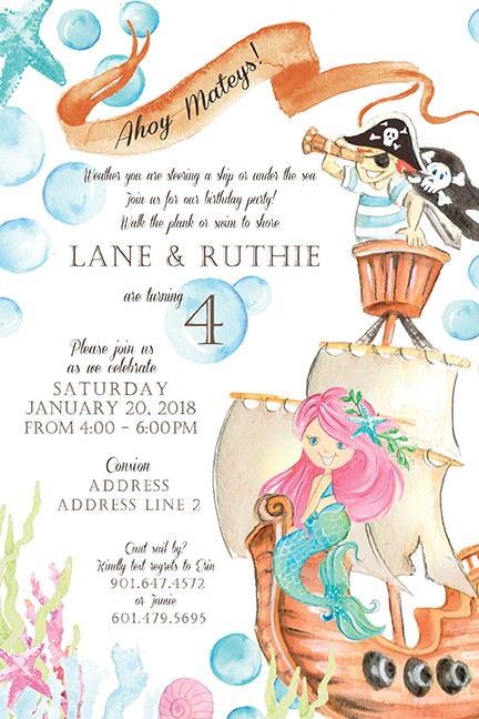 Pirate Ship and Mermaid Personalized Party Invitations