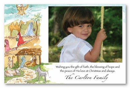 A Child is Born Nativity Scene Personalized Holiday Christmas Photo Cards