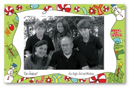 Noel Peppermint Snowman Border Personalized Christmas Holiday Photo Cards