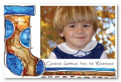 Brown and Blue Christmas Stocking Personalized Holiday Photo Cards