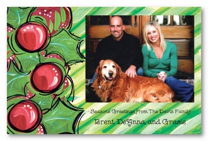 Holly Berry Stripes Personalized Holiday Christmas Photo Cards