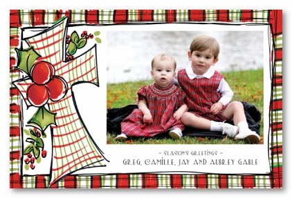 Plaid Christmas Cross Personalized Religious Holiday Photo Cards