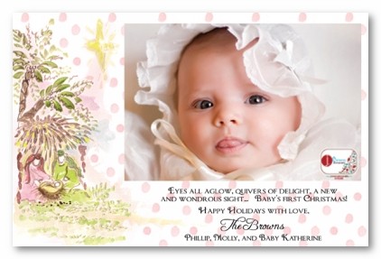 Pink Polka Dot Baby Girl Religious Nativity Scene Personalized Holiday Christmas Photo Cards