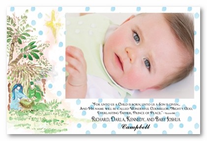 Blue Polka Dot Baby Boy Religious Nativity Scene Personalized Holiday Photo Cards