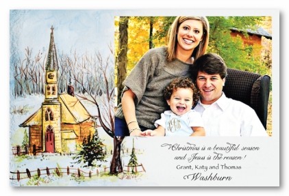 Religious Winter Church in Snow Christmas Personalized Holiday Photo Cards