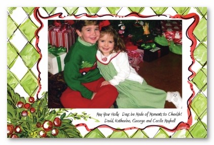 Red Green Christmas Diamond Holly Border Personalized Holiday Photo Cards