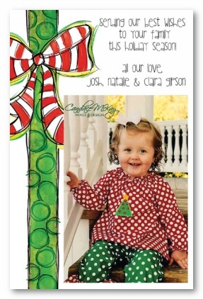 Red & White Stripe Bow Christmas Personalized Holiday Photo Cards