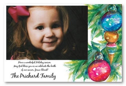 Blue and Pink Ornaments in Tree Christmas Personalized Holiday Photo Cards