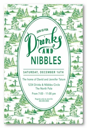 Green Toile Oval Personalized Holiday Invitations